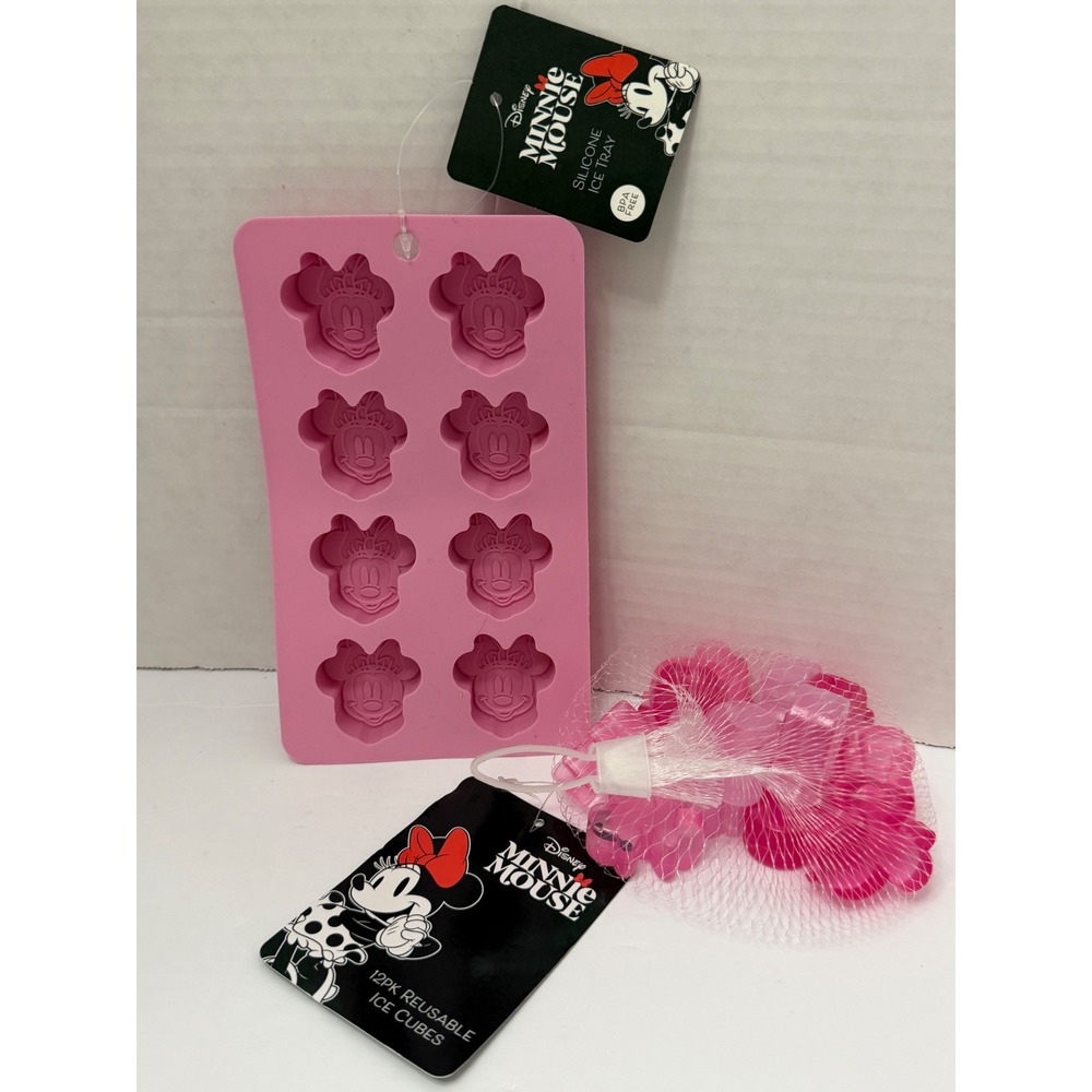 Disney Minnie Mouse Pink Silicone Ice Tray and 12PK Reusable Ice Cubes Set NEW